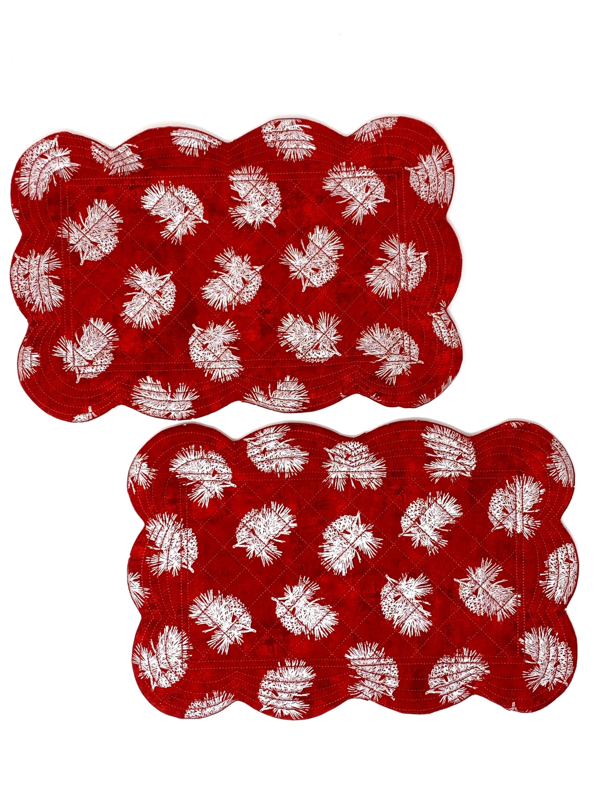 Red Silver Mug Rug, Set of 2, Christmas, Snack Mat, Place Mat,  Mini Quilt, Scalloped Edge