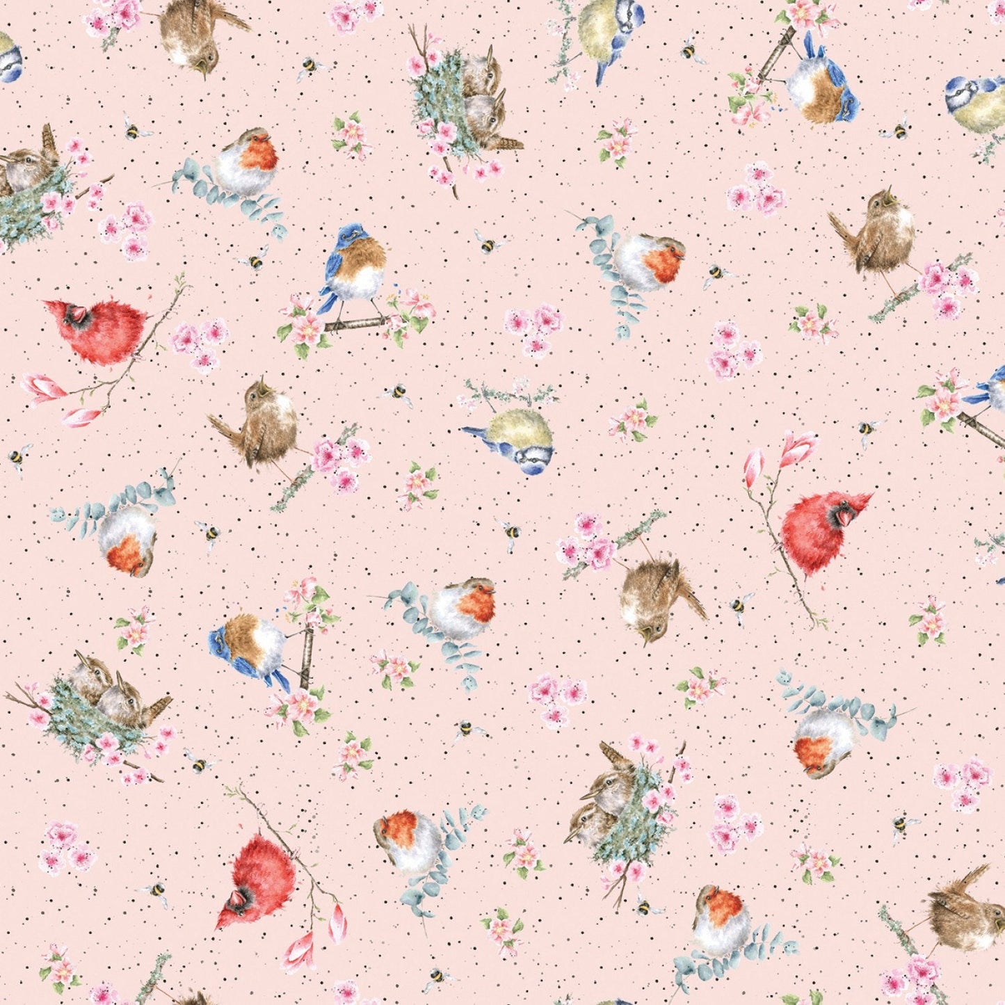 Bramble Patch - Pink Yardage, Birds, Nature, White, Green, Pink Tossed Birds, Maywood Studio, yardage