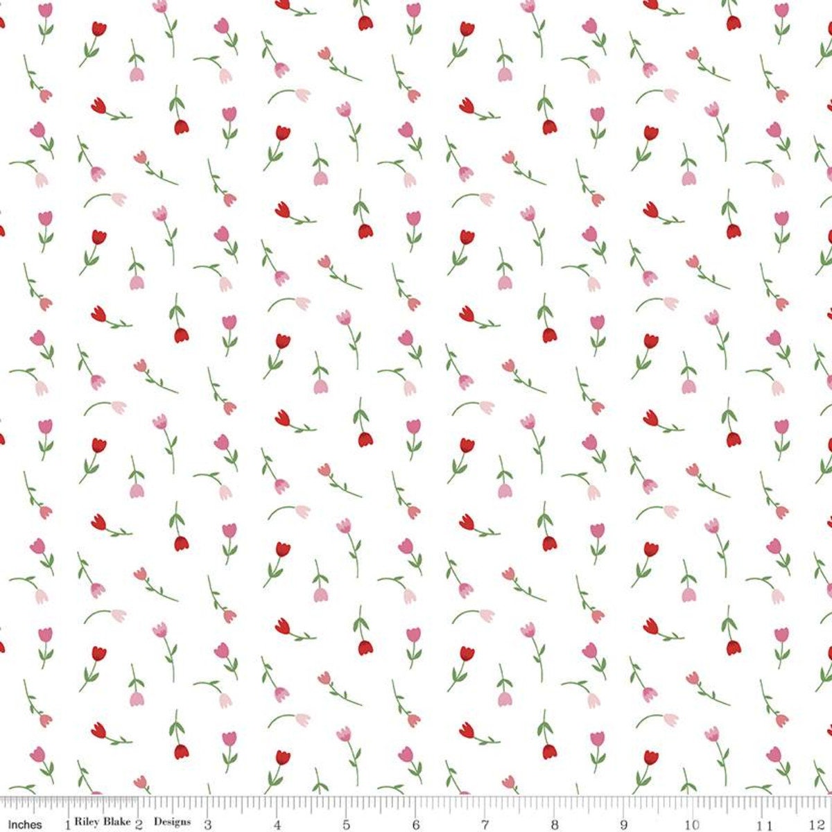 Falling in Love Tulips - White Floral Yardage, Tulips, Pink, Riley Blake,  Cotton Fabric Yardage