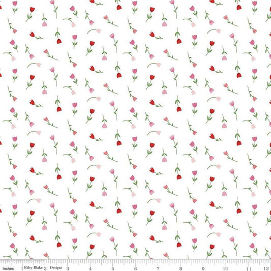 Falling in Love Tulips - White Floral Yardage, Tulips, Pink, Riley Blake,  Cotton Fabric Yardage