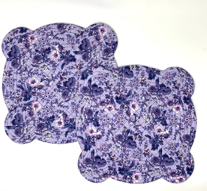 Shabby Chic Purple Scalloped Place Mats, Set of 2, Floral, Scalloped Edge, Mini Quilts, Handmade