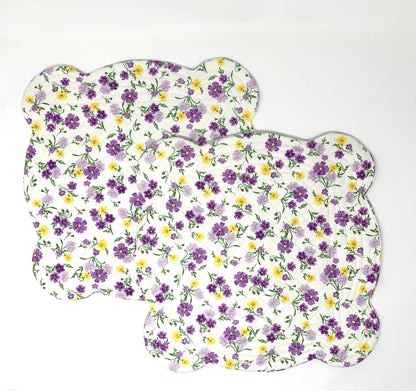 Purple, Yellow, Wildflowers, Scalloped Place Mats, Set of 2, Floral, Scalloped Edge, Mini Quilts, Handmade