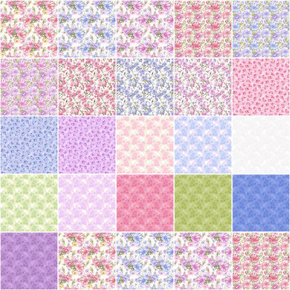 Judy's Bloom - Floral Fabric Squares, Charm Pack, Eleanor Burns, Pink, Purple, Blue, Green, Benartex, 5 inch squares