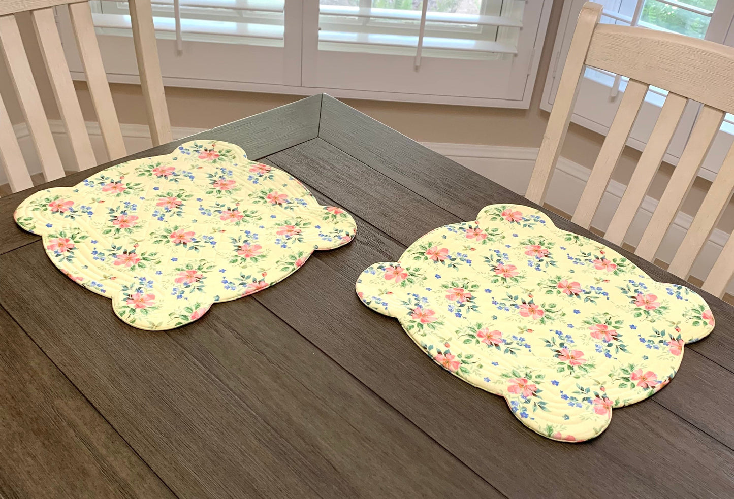 Shabby Chic Yellow Pink Scalloped Place Mats, Set of 2, Floral, Scalloped Edge, Mini Quilts, Handmade