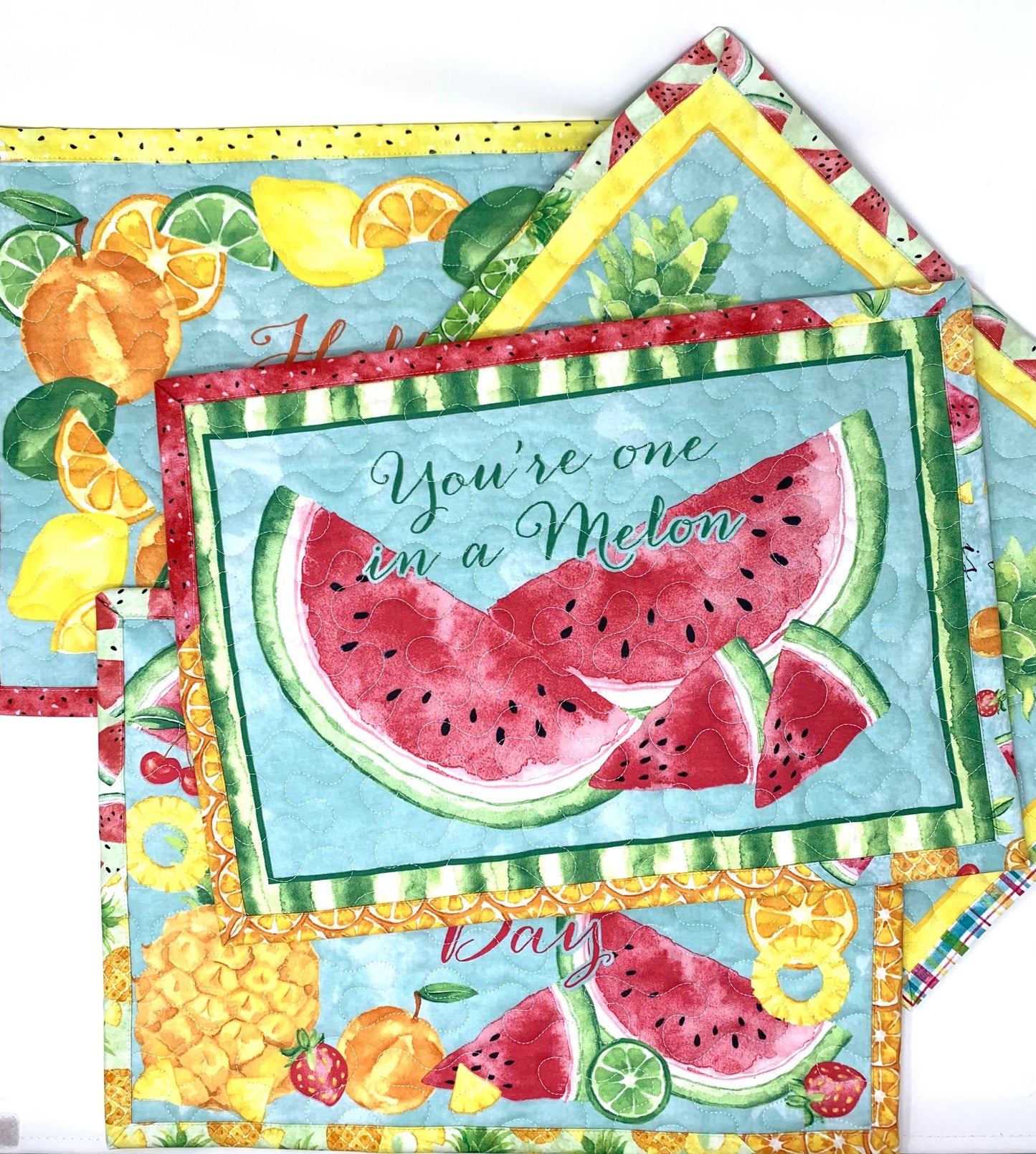 Summer Placemats, Squeeze the Day, Quilts, Set of 4, Fruit Decor, Blue, Yellow, Red