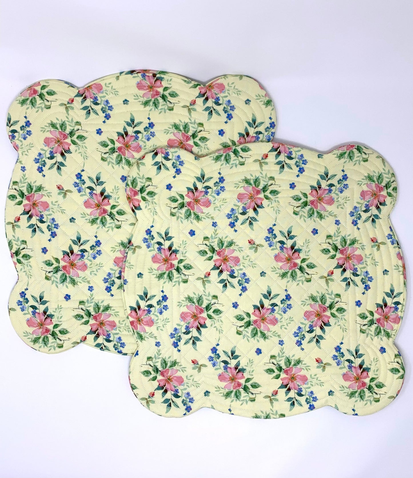 Shabby Chic Yellow Pink Scalloped Place Mats, Set of 2, Floral, Scalloped Edge, Mini Quilts, Handmade