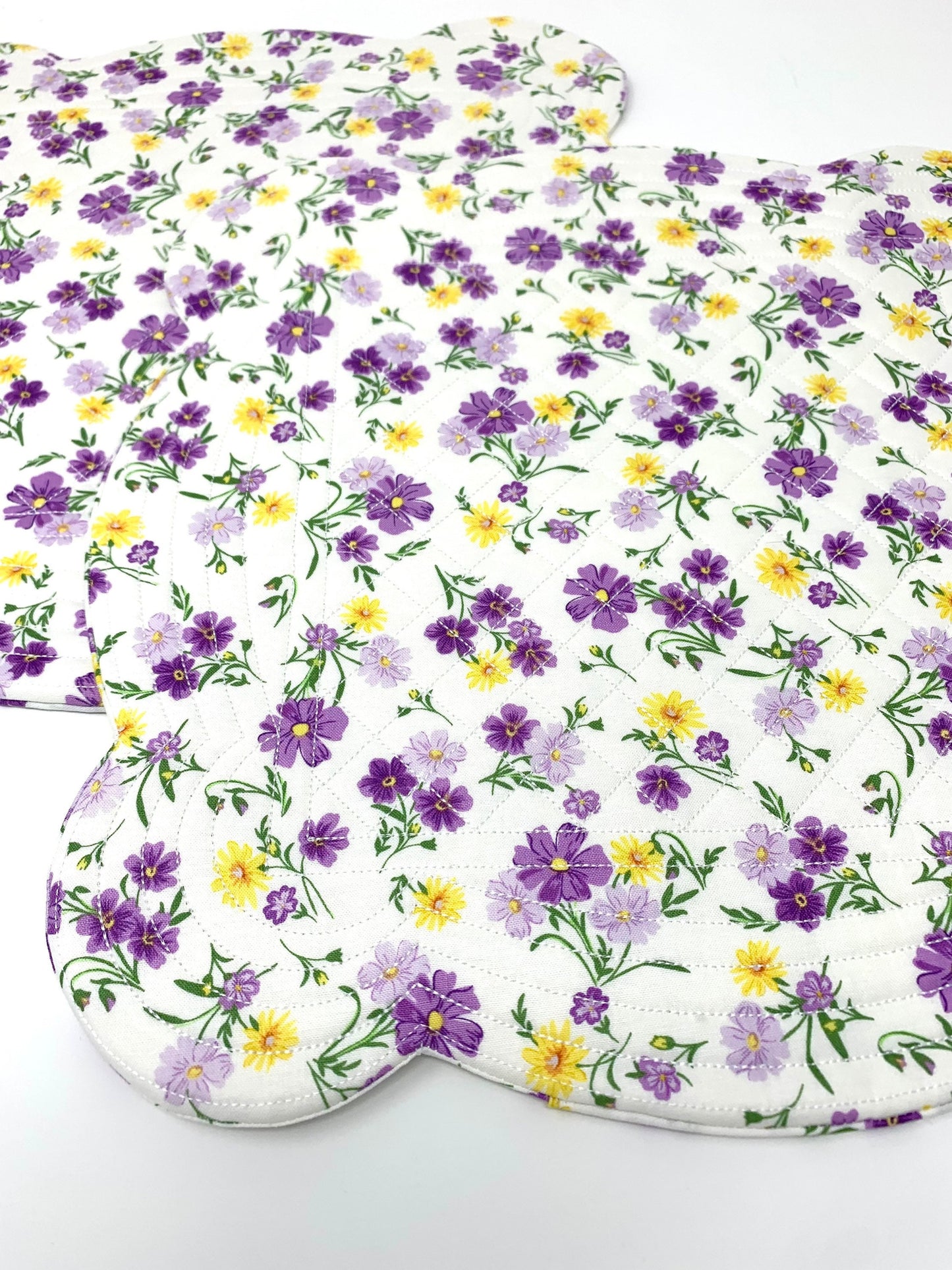 Purple, Yellow, Wildflowers, Scalloped Place Mats, Set of 2, Floral, Scalloped Edge, Mini Quilts, Handmade