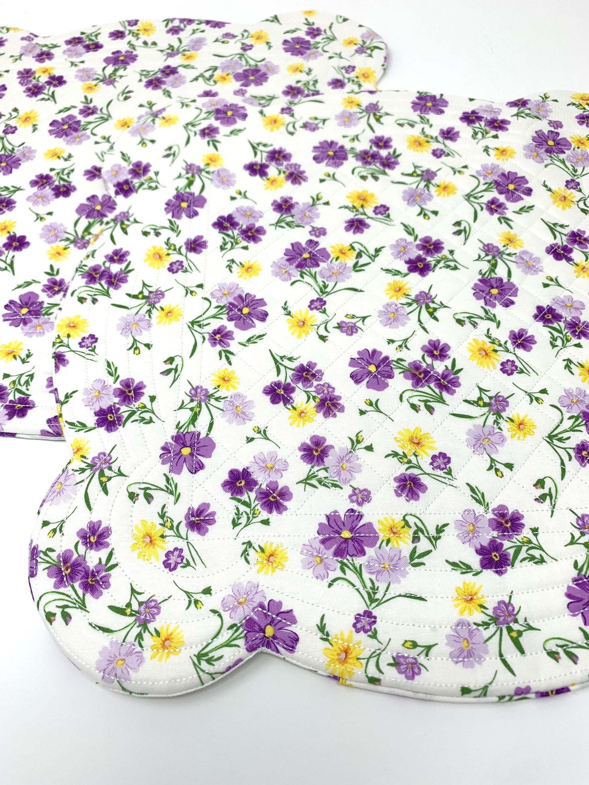 Purple, Yellow, Wildflowers, Scalloped Place Mats, Set of 2, Floral, Scalloped Edge, Mini Quilts, Handmade