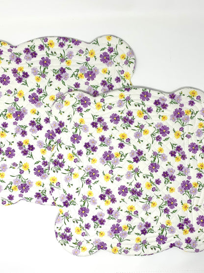 Purple, Yellow, Wildflowers, Scalloped Place Mats, Set of 2, Floral, Scalloped Edge, Mini Quilts, Handmade