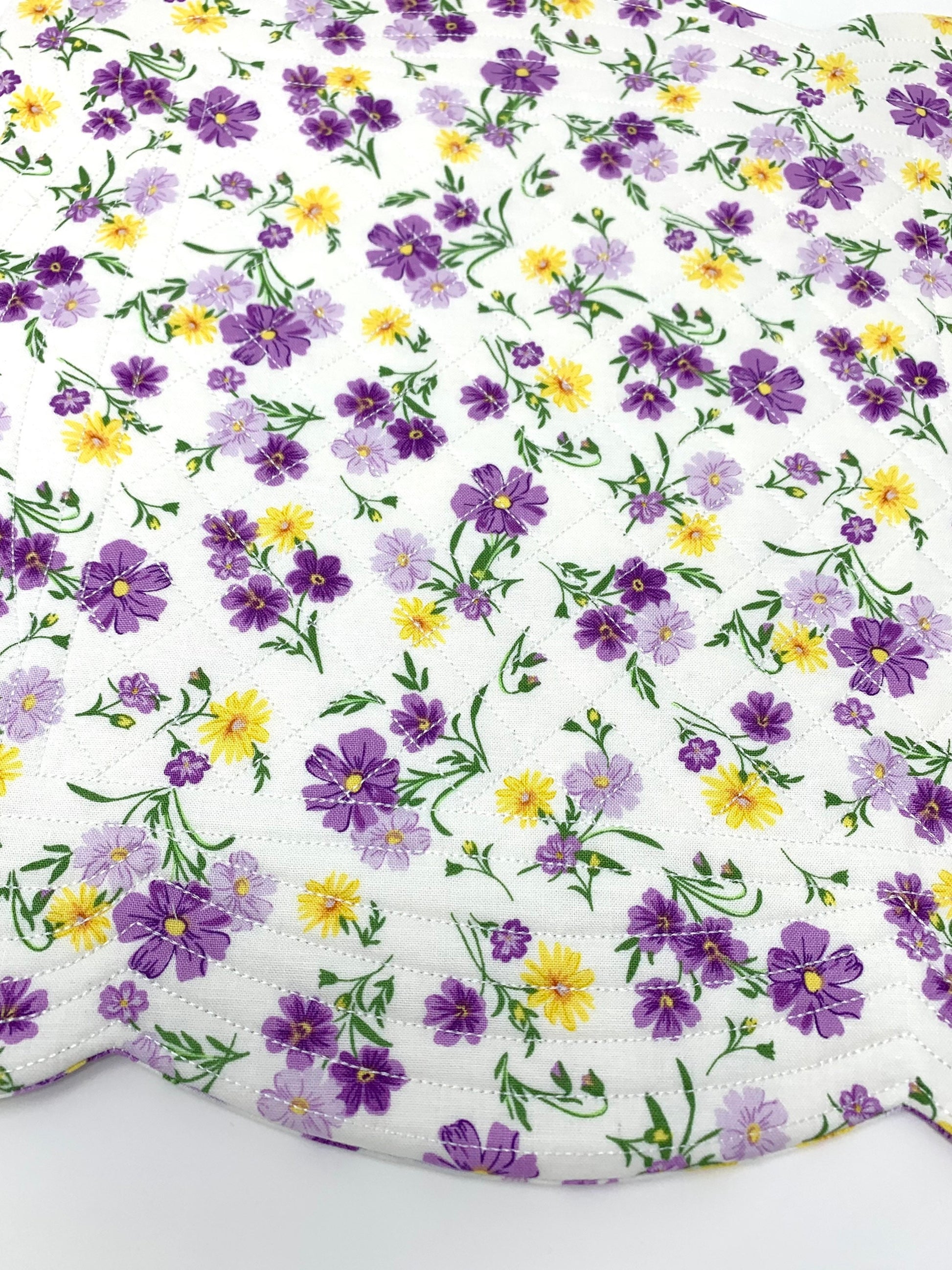 Purple, Yellow, Wildflowers, Scalloped Place Mats, Set of 2, Floral, Scalloped Edge, Mini Quilts, Handmade