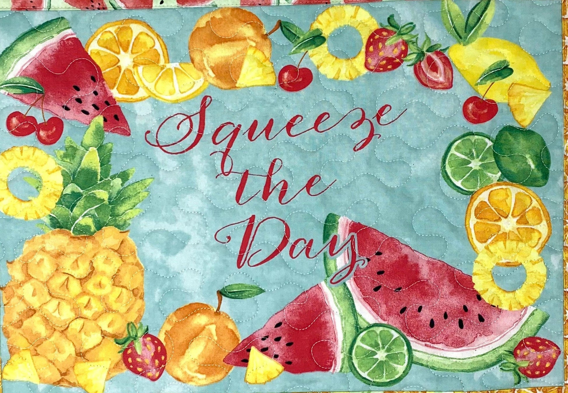 Squeeze the Day - Summer Placemats Fabric Panel, Fruit Decor, Blue, Yellow, Red