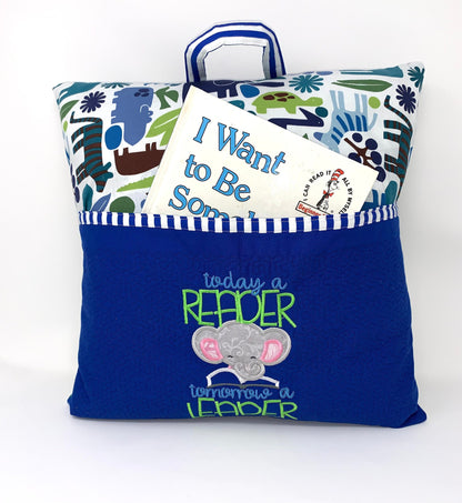 Reading Pillow, Pocket Pillow, Child's Pillow, Book Pillow, Elephant, Story Time, Blue, Green