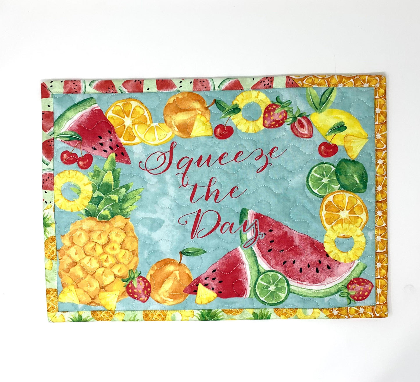 Summer Placemats, Squeeze the Day, Quilts, Set of 4, Fruit Decor, Blue, Yellow, Red