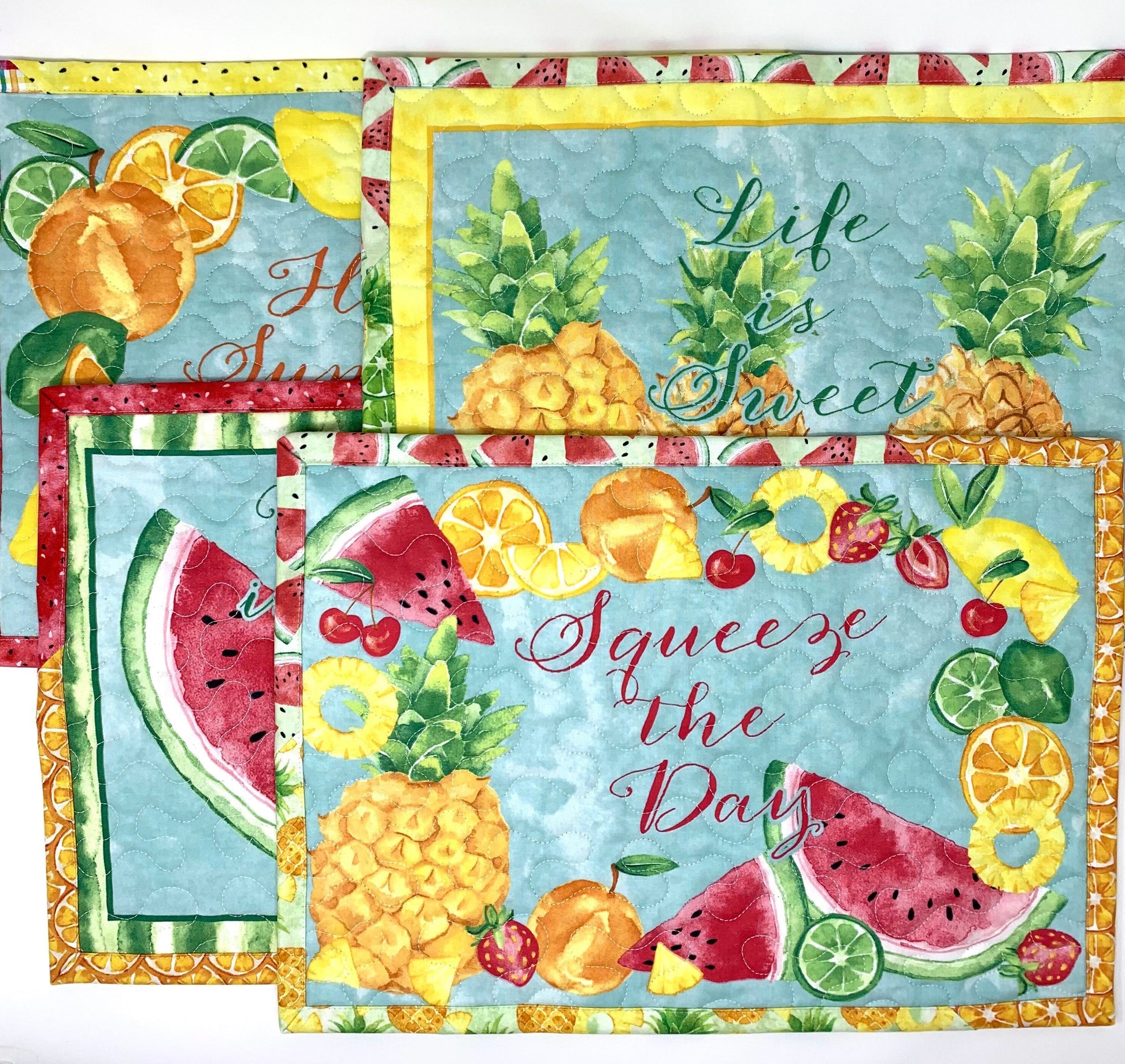 Summer Placemats, Squeeze the Day, Quilts, Set of 4, Fruit Decor, Blue, Yellow, Red