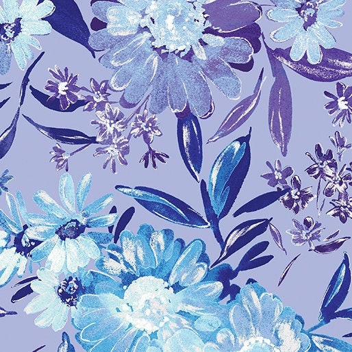 Lilac Twilight Bouquet with Pearl Essence - Floral Yardage, Shimmering Twilight, Purple, Blue, Kanvas Collection, Benartex