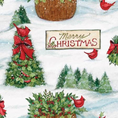 Red Birds Merry Christmas, Snow, Red Cardinals, Christmas Fabric, Trees, Green, Red, White, Yardage