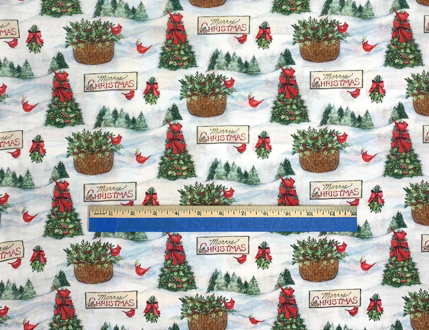 Red Birds Merry Christmas, Snow, Red Cardinals, Christmas Fabric, Trees, Green, Red, White, Yardage