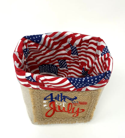 Patriotic Fabric Bag, Basket, Reusable, Tissue Box Holder, Red, White, Blue, Burlap, Handmade