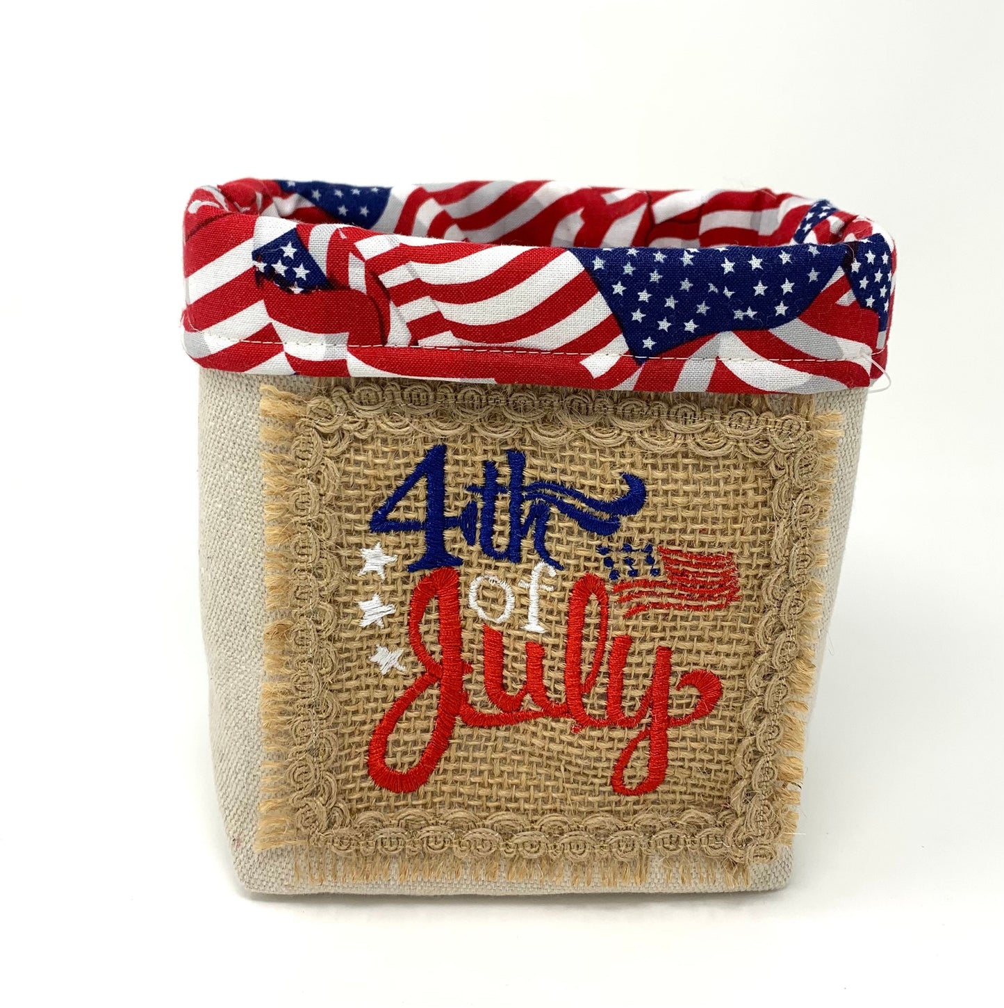 Patriotic Fabric Bag, Basket, Reusable, Tissue Box Holder, Red, White, Blue, Burlap, Handmade