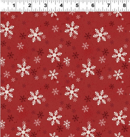 Postcard Christmas - Christmas Fabric, Red Snowflakes, Clothworks, Cotton Yardage