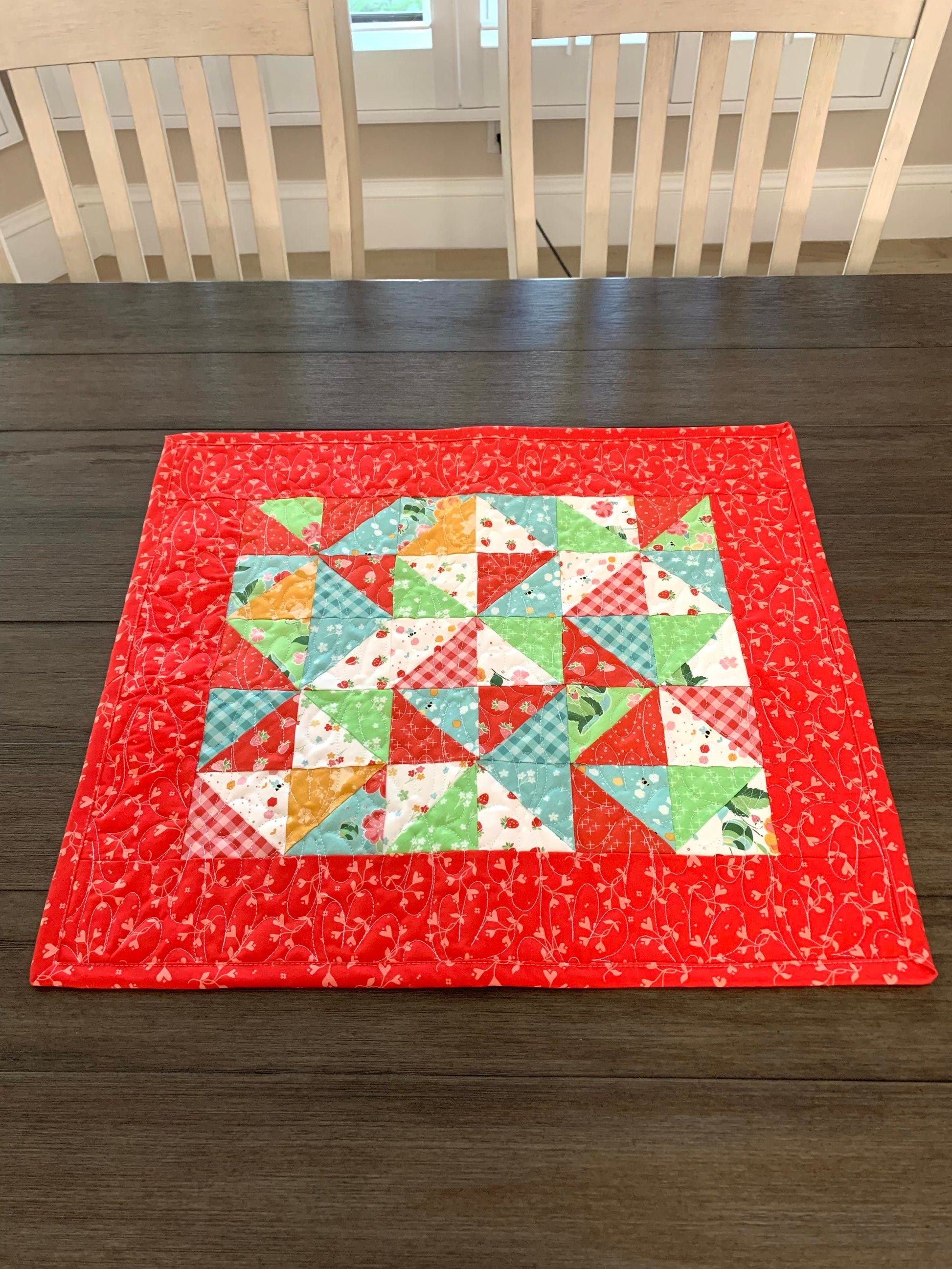 Table Topper Quilt, Table Runner, Mini Quilt, Strawberry Honey, Riley Blake, Red, Blue, Green, Handmade