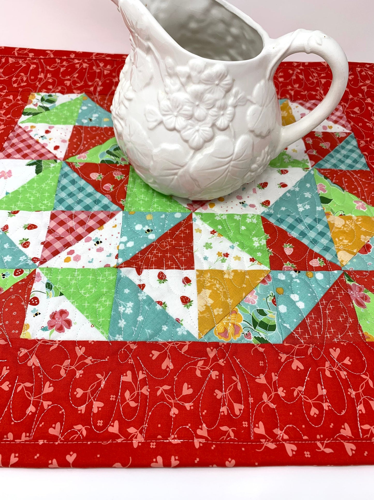 Table Topper Quilt, Table Runner, Mini Quilt, Strawberry Honey, Riley Blake, Red, Blue, Green, Handmade