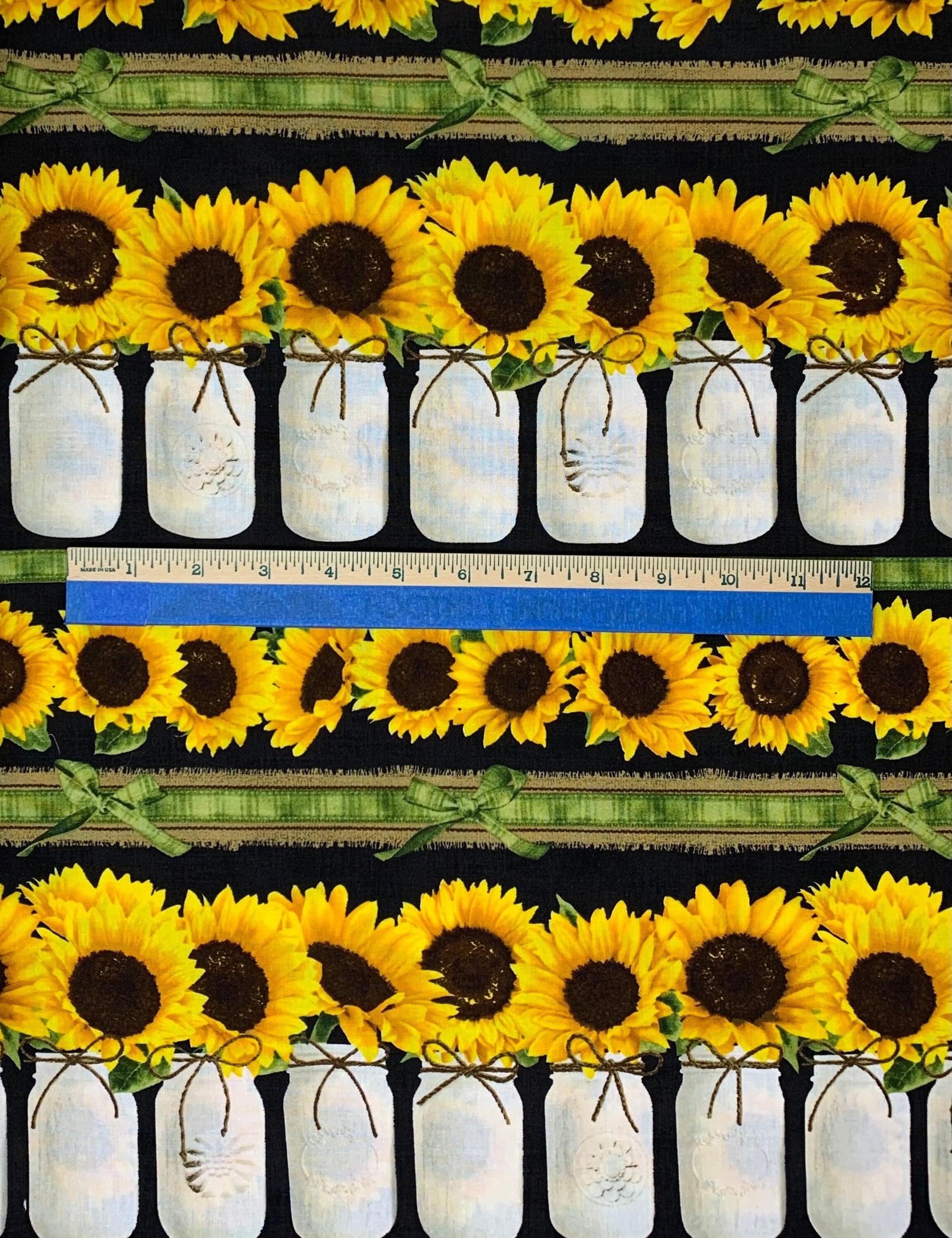 Sunflower yardage, Fall Fabric, Sunflower Stripes 11 inches, Autumn yardage, Mason Jars, yellow, green, black