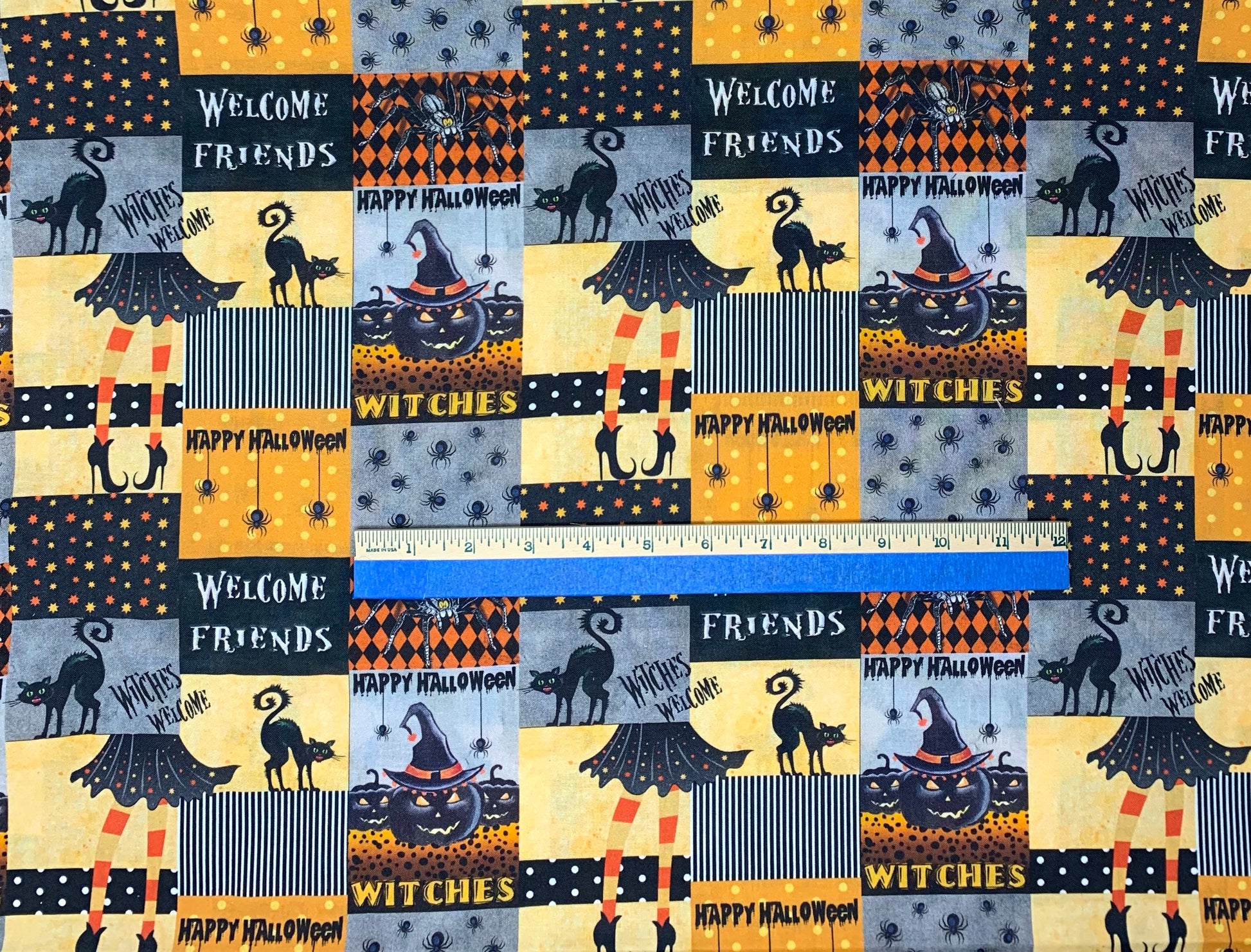 Halloween fabric yardage, Welcome Friends, cats, spiders, witches shoes, Happy Halloween