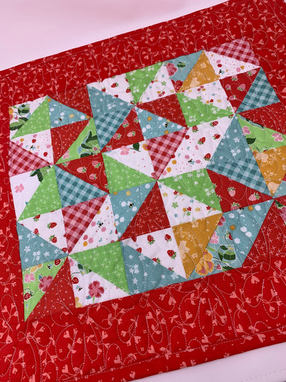 Table Topper Quilt, Table Runner, Mini Quilt, Strawberry Honey, Riley Blake, Red, Blue, Green, Handmade