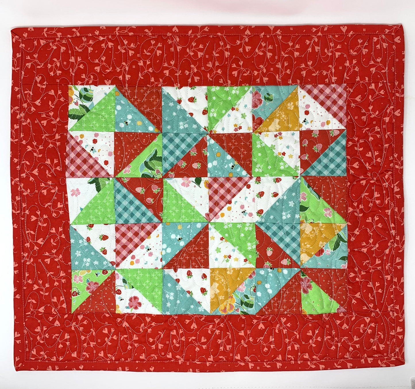 Table Topper Quilt, Table Runner, Mini Quilt, Strawberry Honey, Riley Blake, Red, Blue, Green, Handmade