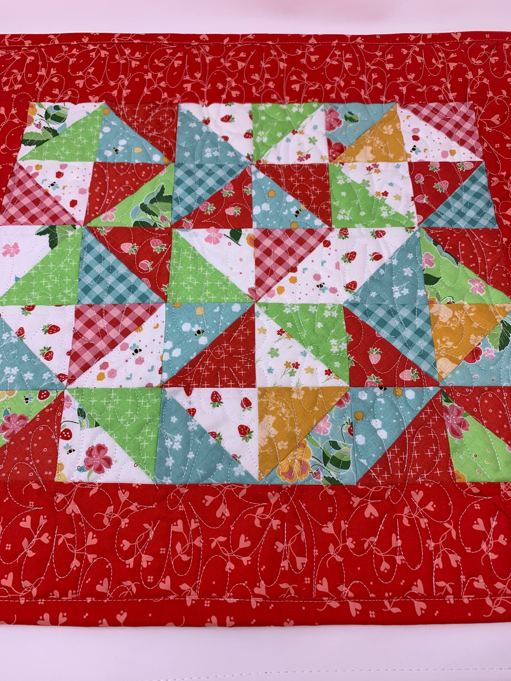 Table Topper Quilt, Table Runner, Mini Quilt, Strawberry Honey, Riley Blake, Red, Blue, Green, Handmade