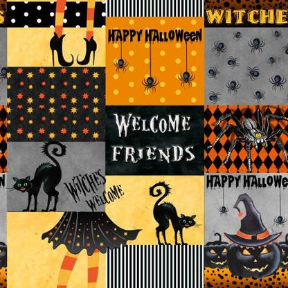 Halloween fabric yardage, Welcome Friends, cats, spiders, witches shoes, Happy Halloween