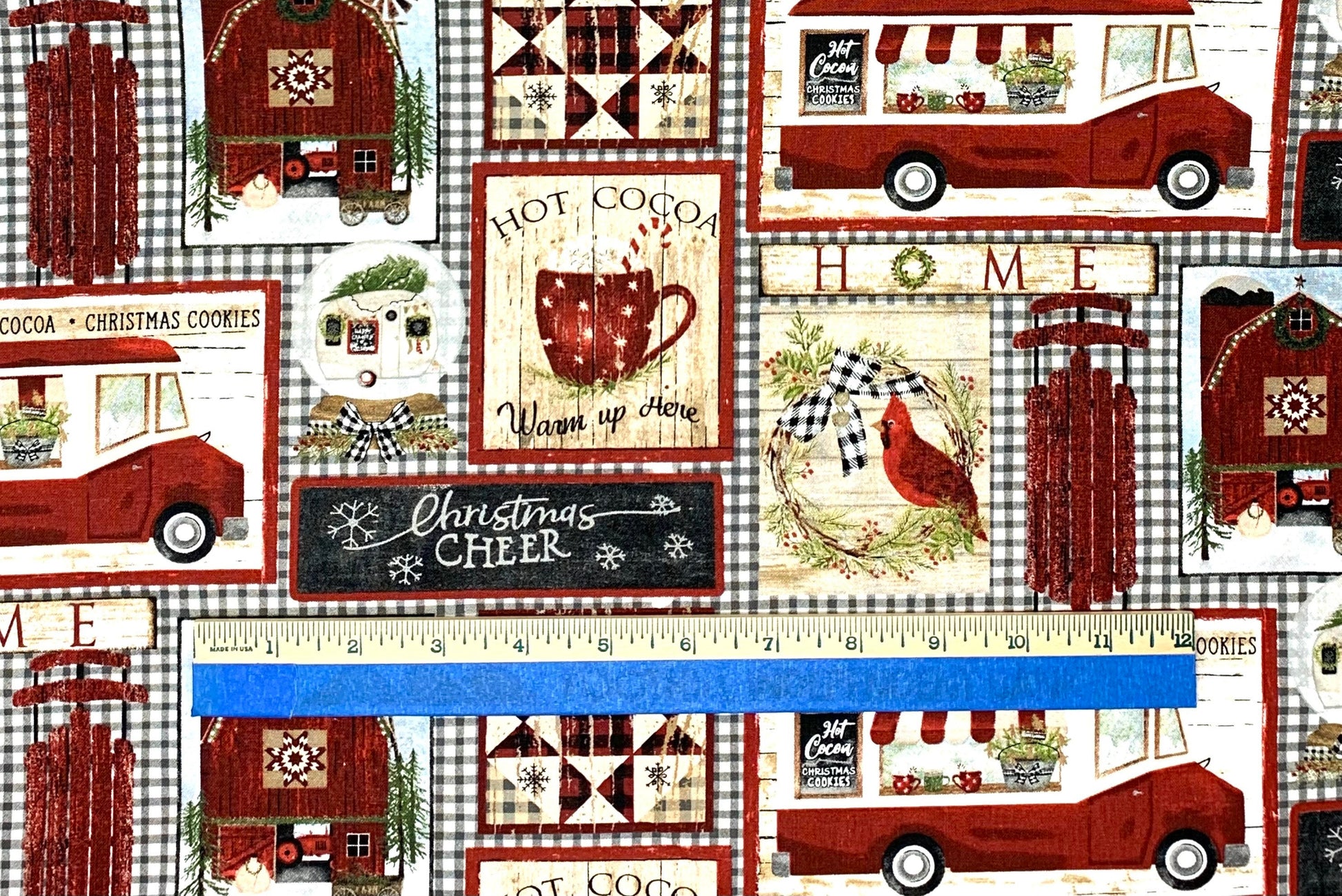 Home  for the Holidays Patchwork - Christmas Fabric, Winter yardage, Trees, Hot Cocoa, Red, Green, Check