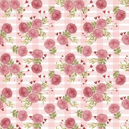 Hugs, Kisses and Special Wishes - Pink Rose Yardage, Valentines Day, Pink, Heart Bouquet, Beth Albert, Cotton Fabric