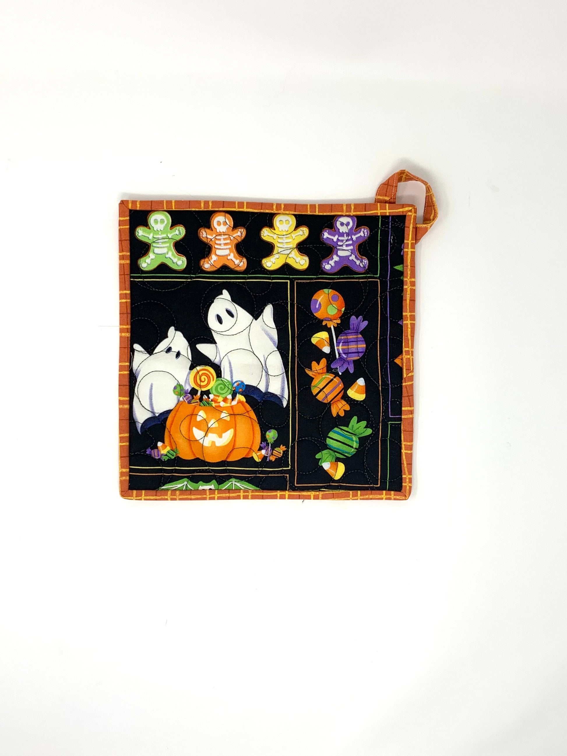 Halloween Pot Holder, Set of 2, Large 9x9, Hanging Loop, Orange, Black, Mini Quilt