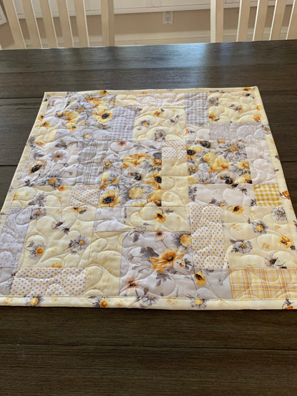 Floral Table Topper Quilt, Yellow, Gray, Flowers, Handmade