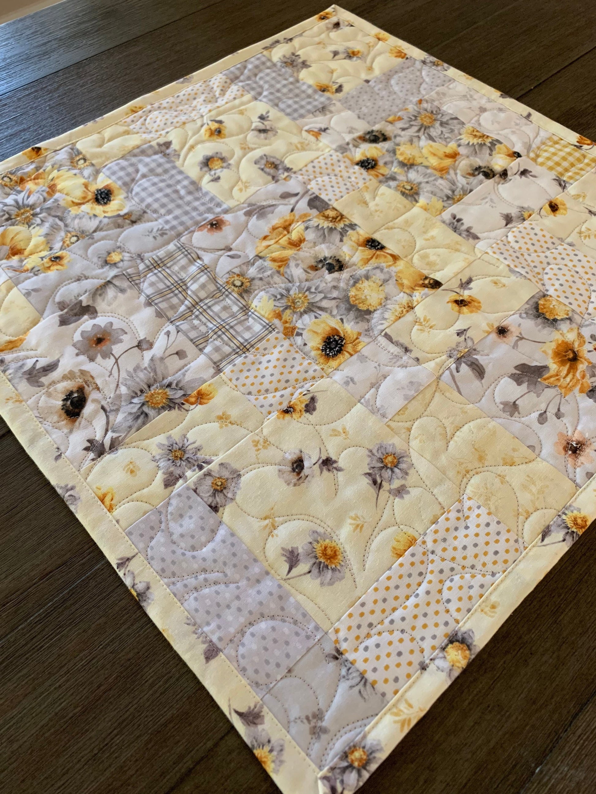 Floral Table Topper Quilt, Yellow, Gray, Flowers, Handmade