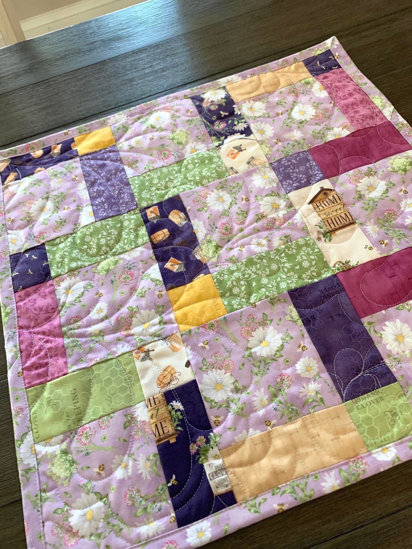 Floral Table Topper Quilt, Purple, Lavender, Green, White, Daisies, Bees, Handmade