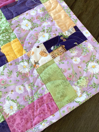 Floral Table Topper Quilt, Purple, Lavender, Green, White, Daisies, Bees, Handmade