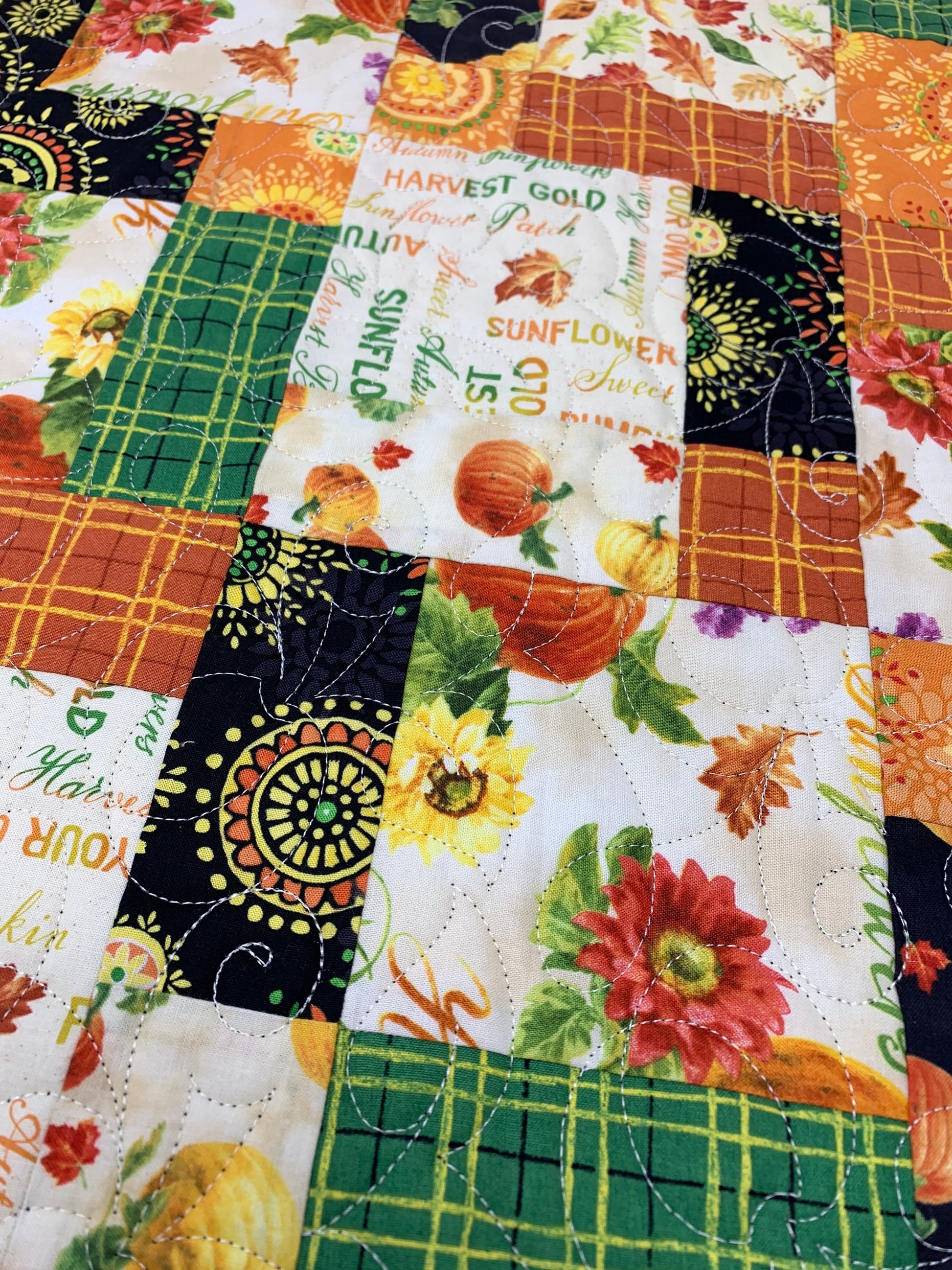 Fall Table Topper Quilt, Harvest Gold, Orange, Yellow, Pink, Green, Pumpkins, Sunflowers, Handmade