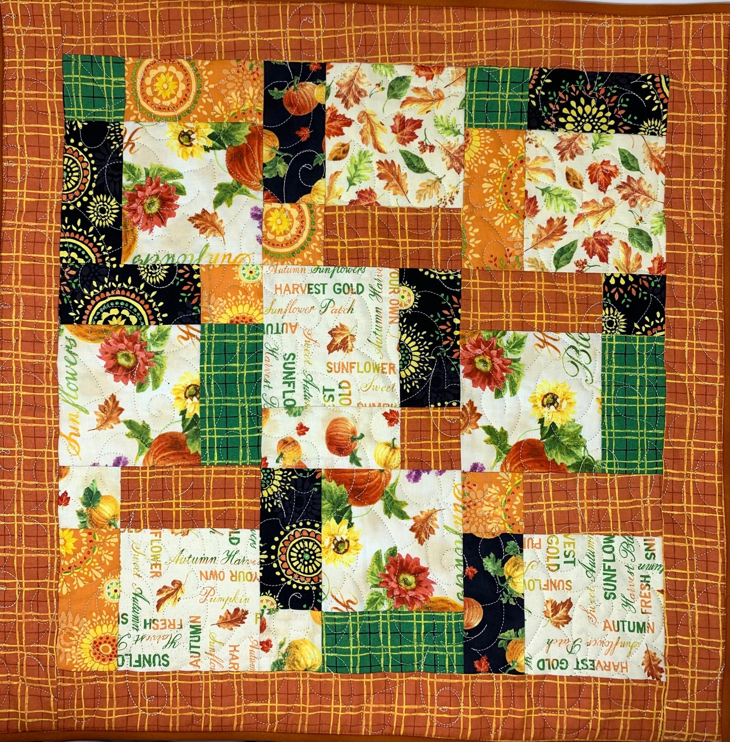 Fall Table Topper Quilt, Harvest Gold, Orange, Yellow, Pink, Green, Pumpkins, Sunflowers, Handmade