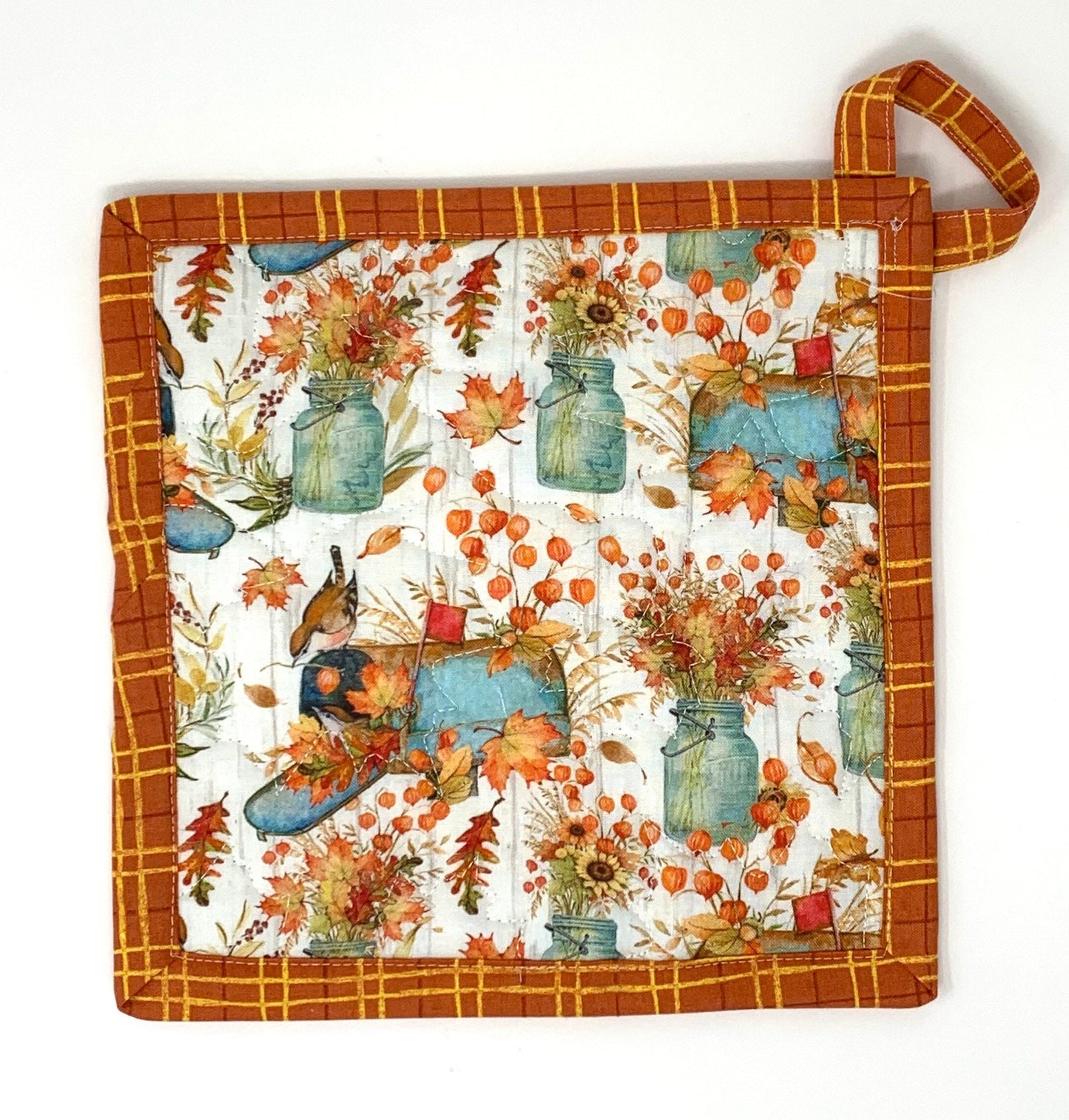 Fall Leaves Pot Holder, Large 9x9, Hanging Loop, Bird on Mailbox, mason jars, sunflowers, Hot pad