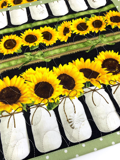 Sunflowers in mason jars Placemats, Fall Table, Yellow, Green polka dots, Set of 2, Handmade