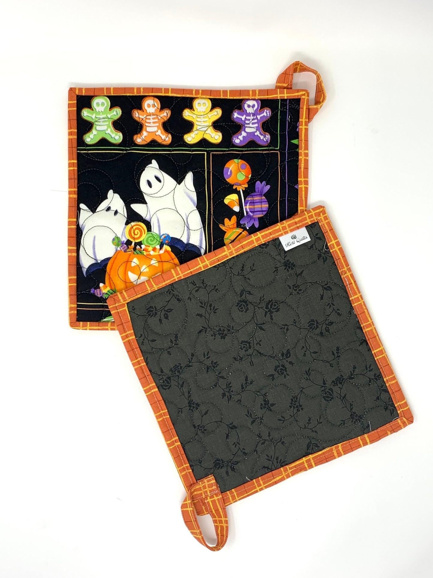 Halloween Pot Holder, Set of 2, Large 9x9, Hanging Loop, Orange, Black, Mini Quilt