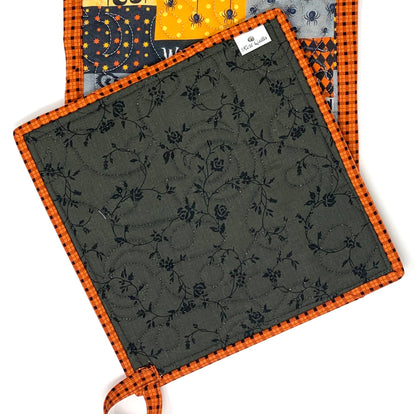 Halloween Pot Holder, Large 9x9, Hanging Loop, Witches Welcome, Black Cats, Orange, Mini Quilt