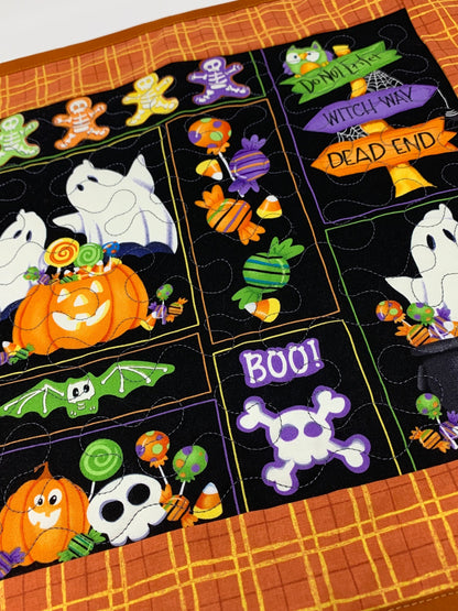 Halloween Quilt, Small 16x16, Ghosts, Pumpkins, Orange, Purple, Black, Wallhanging, Handmade