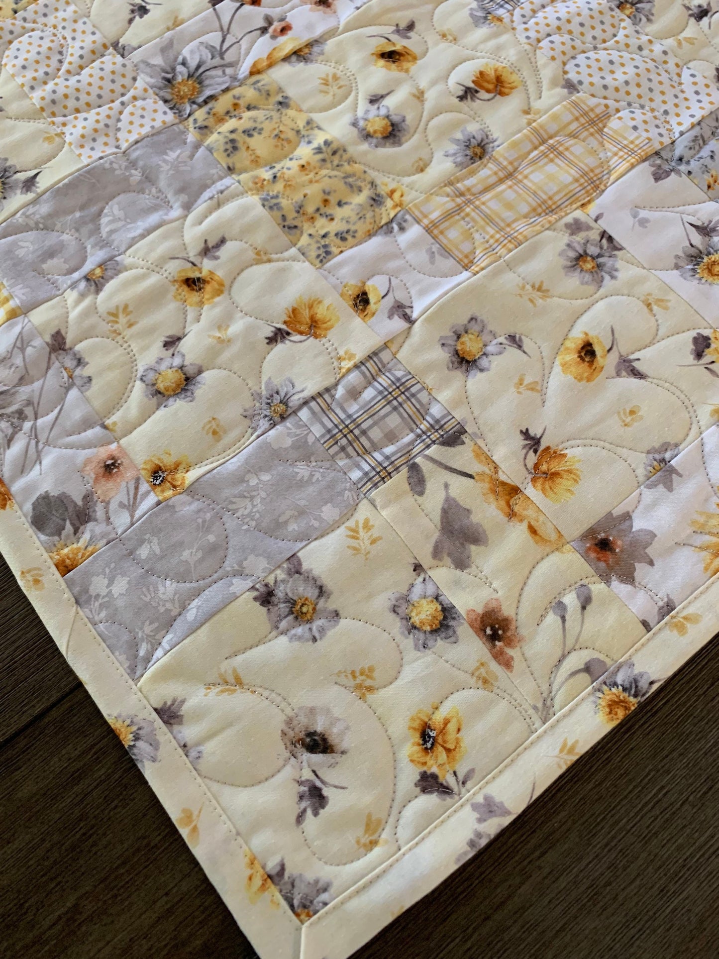 Floral Table Topper Quilt, Yellow, Gray, Flowers, Handmade