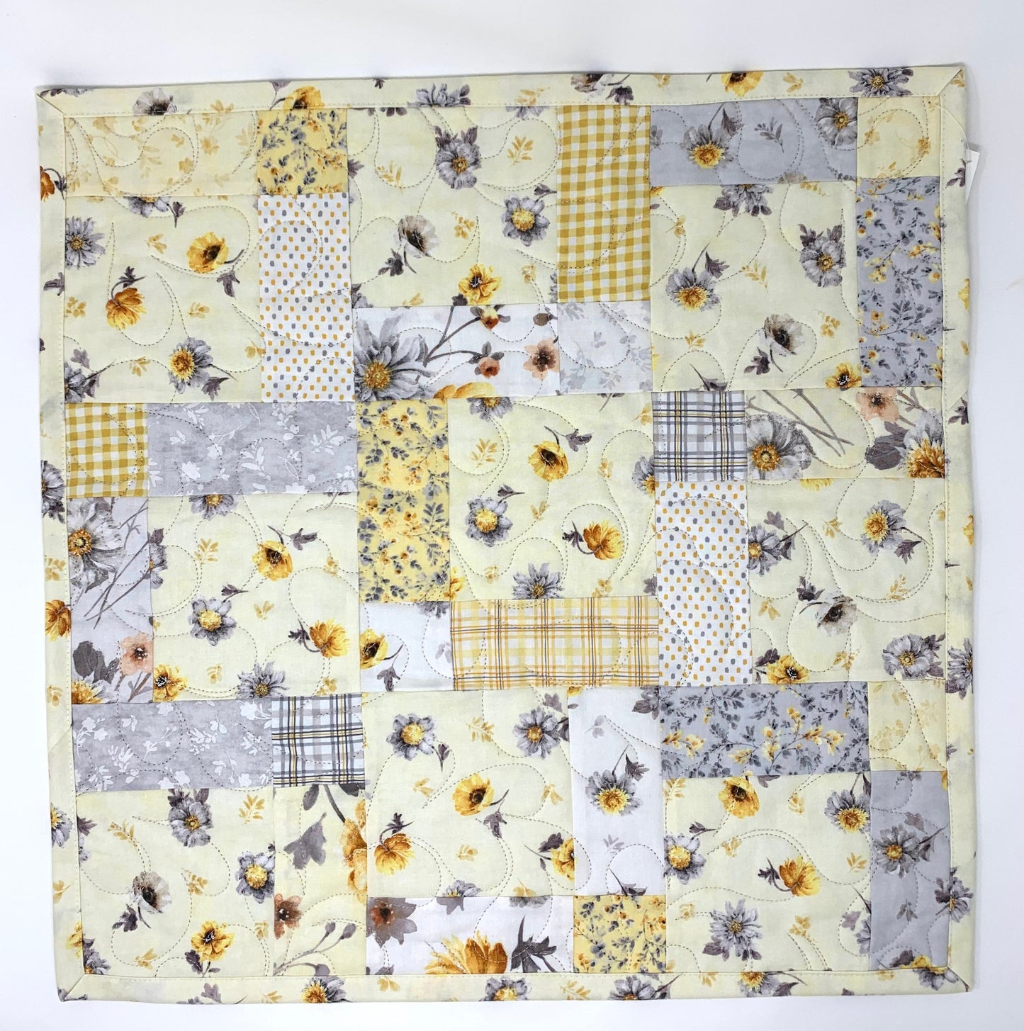 Floral Table Topper Quilt, Yellow, Gray, Flowers, Handmade