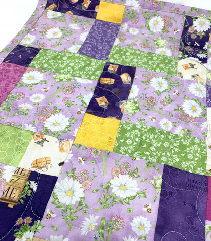 Floral Table Topper Quilt, Purple, Lavender, Green, White, Daisies, Bees, Handmade