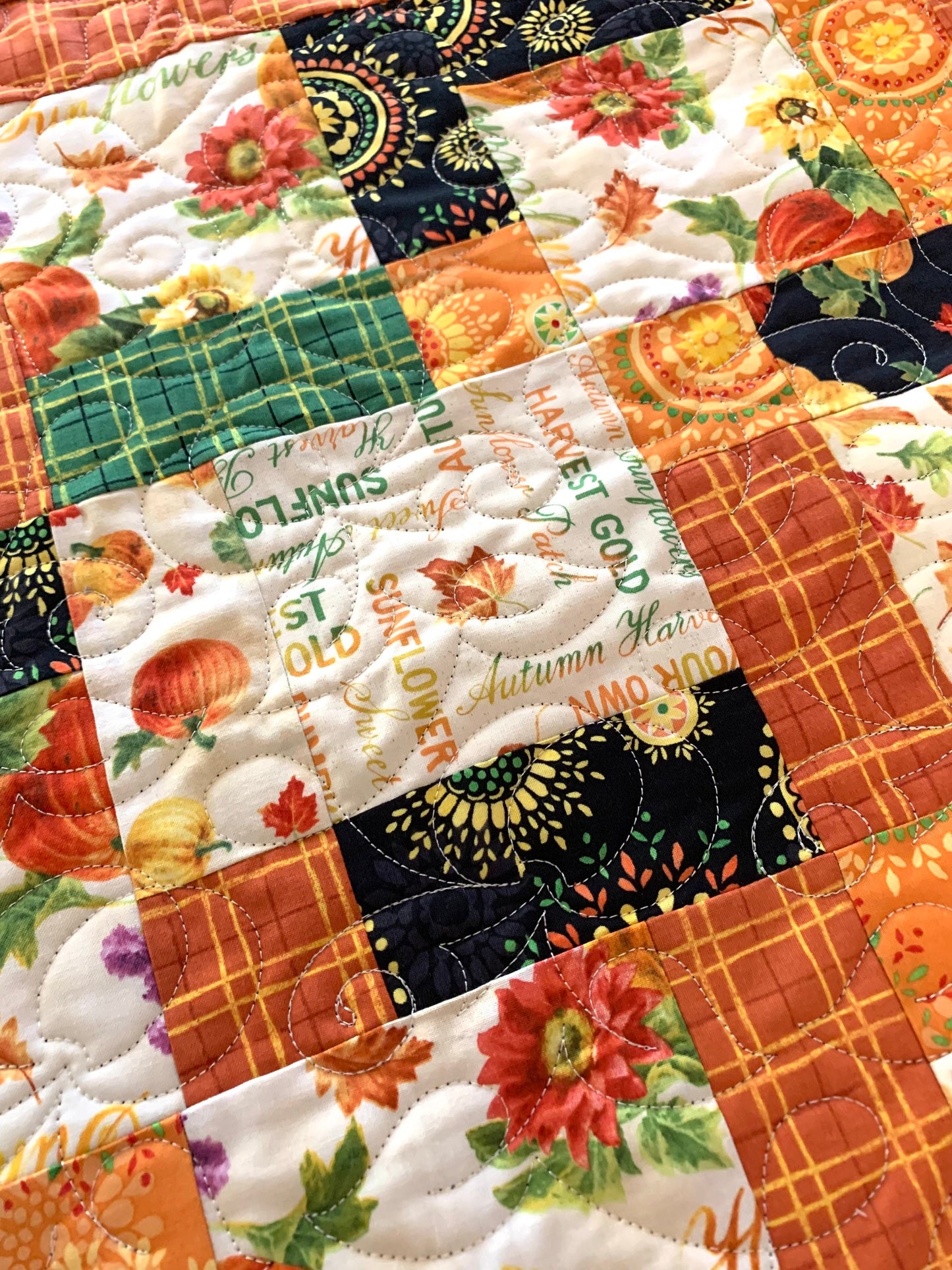 Fall Table Topper Quilt, Harvest Gold, Orange, Yellow, Pink, Green, Pumpkins, Sunflowers, Handmade